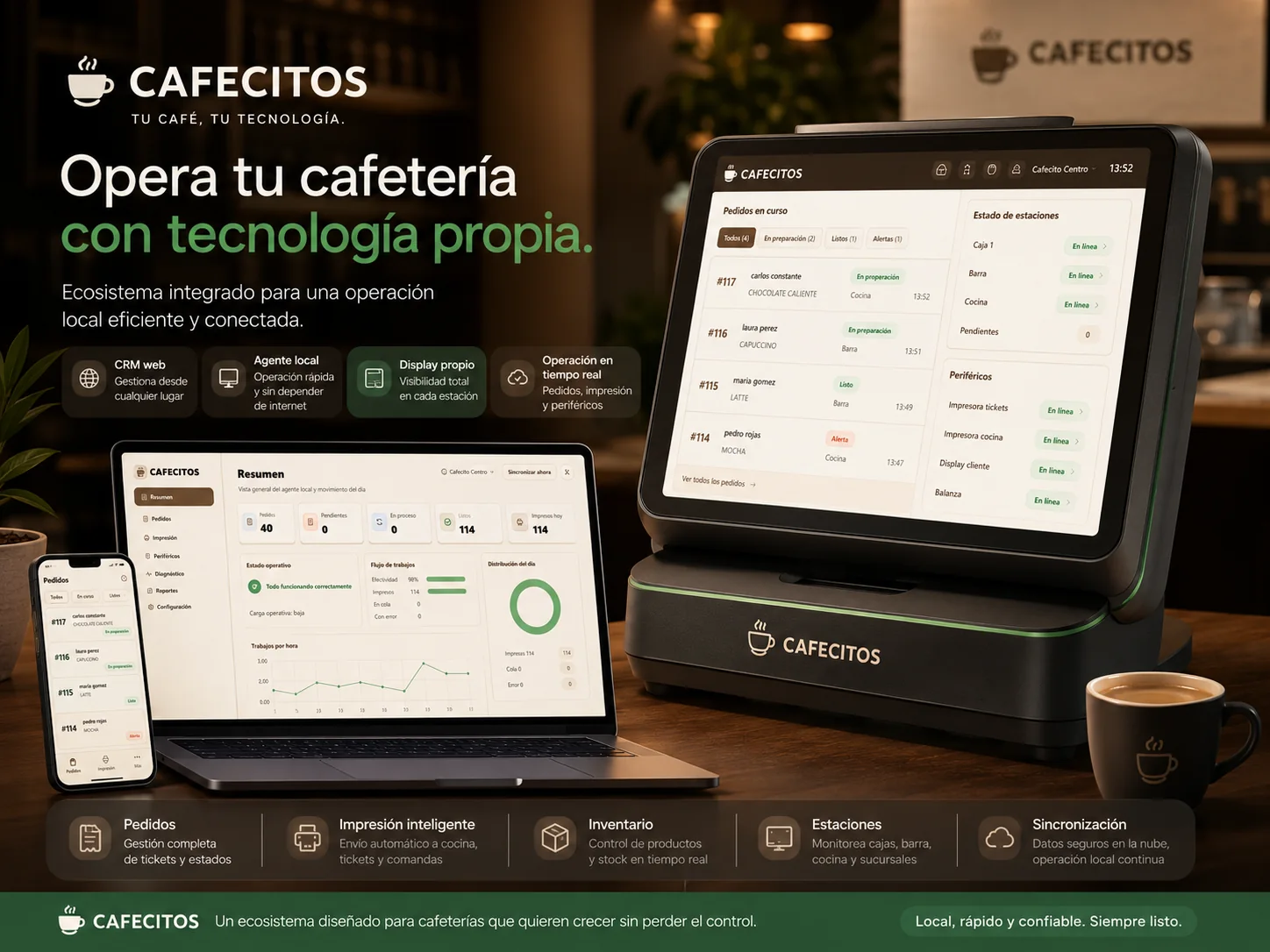 Ecosistema Cafecitos con CRM web, agente local y display propio